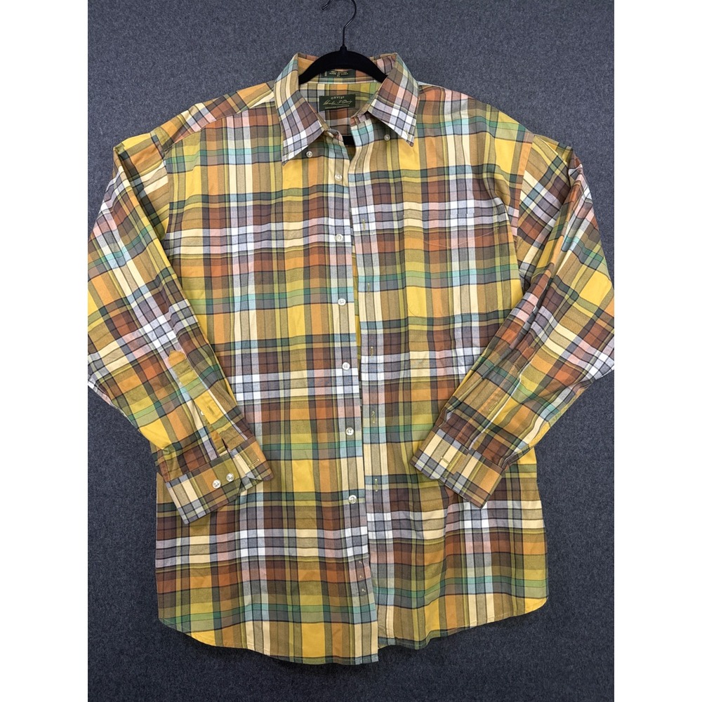 Orvis Signature Collection Mens XL Plaid Cotton Button Down Shirt Yellow Green